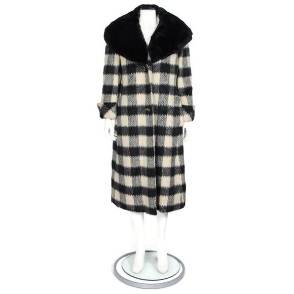 Vtg BILL BLASS 70's Black Cream Plaid Long Coat Faux Fur Collar Jacket sz M /759